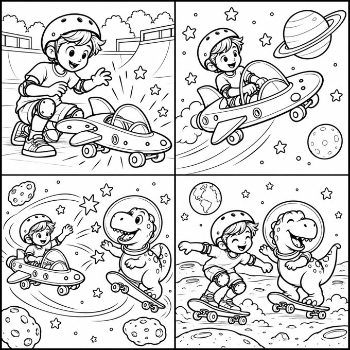 A sample Eilo comic: a kid on a skateboard that becomes a rocket, flying to space and skateboarding on the moon with a friendly dinosaur