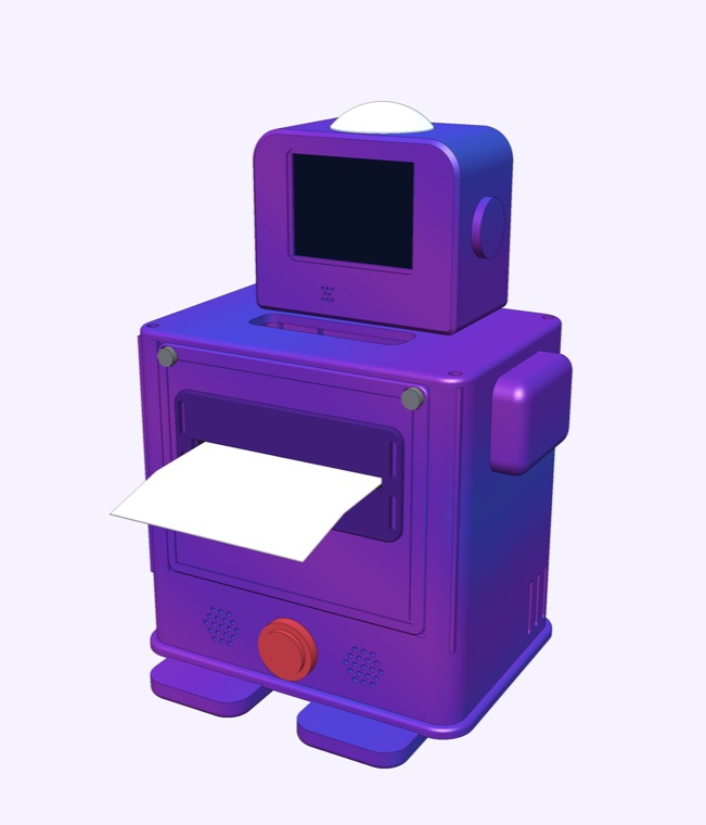 Eilo, a small purple robot with a screen face, a big red button and a strip of paper coming out of its tummy